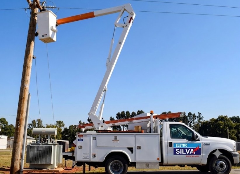 Equipe da Eletro Silva em manutenção de rede de média tensão em poste